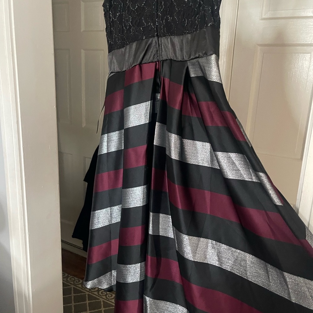 Striped Black and Burgundy Dress with Silver Accents